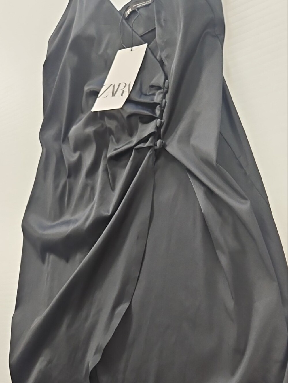 ZARA Black Satin Mini Slip Dress with Side Drape - Picture 4 of 5